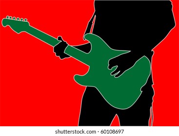 Vector drawing man with guitar on red background