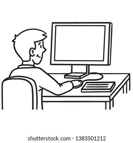 Vector drawing of a man on the computer, which can be looked over his shoulder in the screen. Black white, isolated, comic.