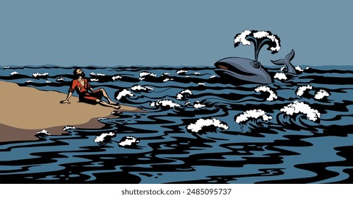 Dibujo de Vector. Un hombre en la orilla después de un naufragio