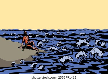Vector drawing. A man on the shore after a shipwreck