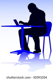 Vector drawing of a man with a personal computer. Silhouette on people