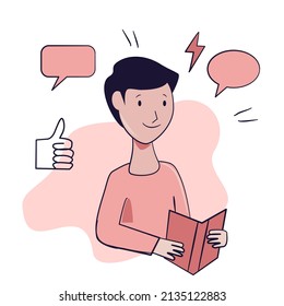 Dibujo vectorial, un hombre lee un libro, funciona. Imagen de iconos