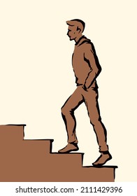 Vector drawing. Man rise up on stairway