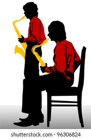Vector drawing of a man with saxophone on stage