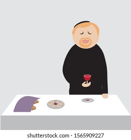 A vector drawing of a man standing at a table holding a glass cup full of red wine