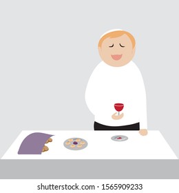 A vector drawing of a man standing at a table holding a glass cup full of red wine