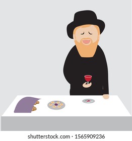 A vector drawing of a man standing at a table holding a glass cup full of red wine