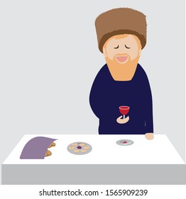 A vector drawing of a man standing at a table holding a glass cup full of red wine