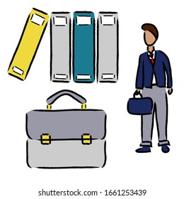 Vector drawing of a man in a suit in a flat design. A man looks at archive folders and a briefcase.
