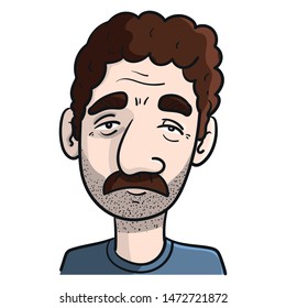 Vector Drawing Of A Man With Three Days Beard And Mustache, Thick Eyebrows And Brown Curly Hair.  Mediterranean Appearance, Cartoon, Colored, Vector Illustration.