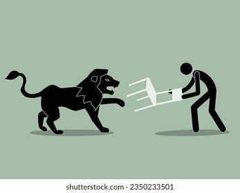 A vector drawing of a man using a chair to defend himself against an angry lion