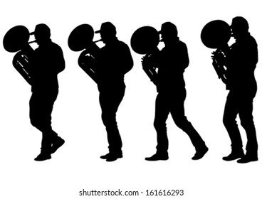 Vector drawing of a man walking with a tuba. Property release is attached to the file