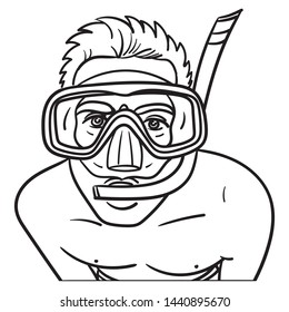 Vector drawing of a man wearing a diving mask with a snorkel and looking into the camera. Hand drawn vector illustration, holiday, bathing, diving, snorkeling, swimming, outline.