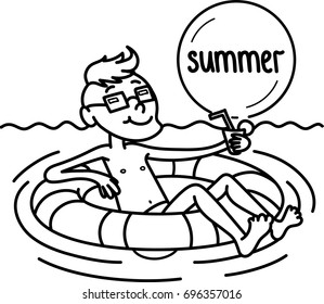 Vector drawing of a man who is resting on the sea in a lifebuoy