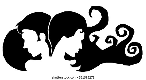 Vector drawing of a man and woman head joined in the shape of a heart for Valentine concept.