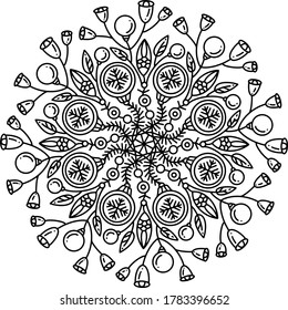 Vector drawing. Mandala from New Year's decorations. Drawing in a circle. Decorative elements balls, leaves, bells, sprigs of needles. Design for print on a white background.