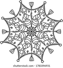 Vector drawing. Mandala of snowmen and Christmas decorations. Drawing in a circle. Design for print on a white background. Happy New Year.