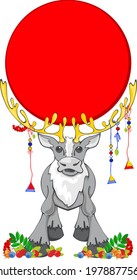 Vector drawing of a man-deer on a white background with the sun in golden horns and cloudberries, cranberries and blueberries at the hooves. Symbols of the Northern peoples.