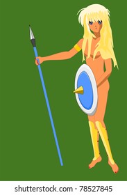 Vector drawing of a manga-style blond warrior princess with spear and shield, on green.
