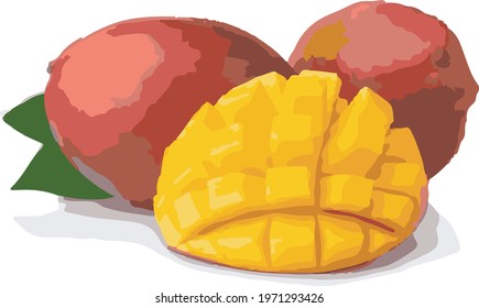 VECTOR DRAWING OF A MANGO FRUIT AND LEAVES TRANSPARENT BACKGROUND
