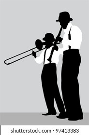 Vector drawing of a mans with trombone and clarinet on stage