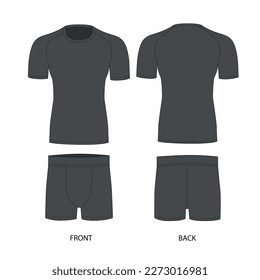 Vector drawing of a man's t-shirt and shorts in gray. Men's underwear template set, front and back view. T-shirt with short sleeves and round neck, vector. Stretch fabric briefs, vector.