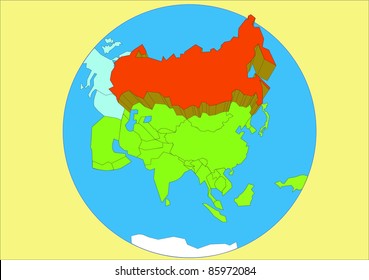 Vector drawing of map of Asia with country of Russia raised and emphasized in red.