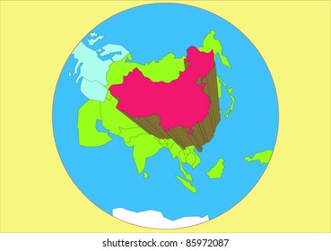 Vector drawing of map of Asia with country of China raised and emphasized in red.