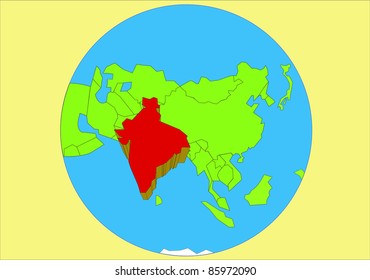 Vector drawing of map of Asia with country of India raised and emphasized in red.
