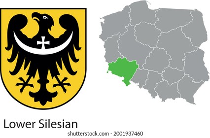 Vector drawing of map of Poland with the contour of the region. Perfect quality for print. Silesia Region, Śląskie województwo. Katowice, Sosnowiec, Chorzów, Częstochowa, Gliwice, Jaworzno, Zabrze.