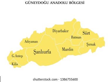 Vector drawing of the map of Turkey, Southeast Region

