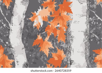 Vector drawing of maple leaves on a tree trunk, with a grey background.Forest camouflage. Tree branches, leaves. Hunting camouflage with maple leaves texture. Pattern for clothing, various products.