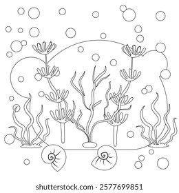 Vector drawing of marine plants and fauna. Children's print for education and study.