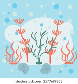 Vector drawing of marine plants and fauna. Children's print for education and study.