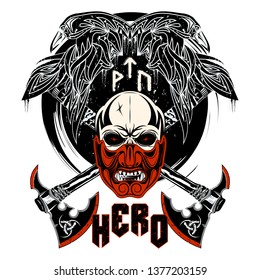 Vector drawing mask, fighting axes, raven. Skull fantasy warrior. Inscription - hero. Runes: victory, fight, power. Illustrations for t shirt print. Norman grunge style. Black Nordic tattoo.Triskelion