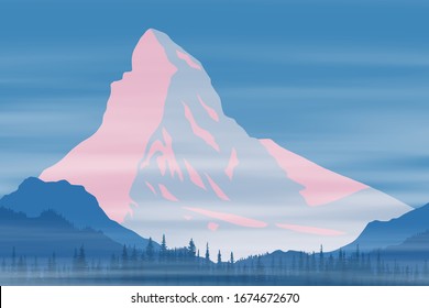 Vector drawing of Matterhorn, Alps. Traveling in the mountains, climbing. Dawn landscape, peak in the sunrise.