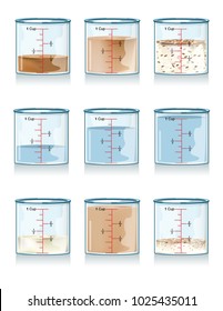 Vector drawing of / Measuring cups / Cups filled with ingredients at various levels. Easy to edit groups and layers. Gradients and meshes used. 