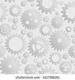 Vector Drawing Mechanical Cogwheel Seamless Pattern. Lignt Grey Gear And Cog Site Background. Collection Of Clockwork Gear Wheels, Different Configuration. Mechanical Engineering Drafting.