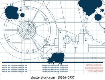 Vector drawing. Mechanical drawings on a white background. Engineering. Draft. Ink. Blots