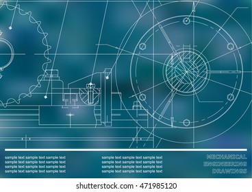 Vector drawing. Mechanical drawings on a blue background. Engineering illustration. Corporate Identity