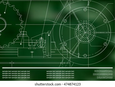 Vector drawing. Mechanical drawings on a green background. Engineering illustration. Corporate Identity