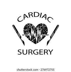 Vector drawing of medical symbol of cardiac surgery. Heart, cardiac impulse, scalpels. Symbols, logo and icon.