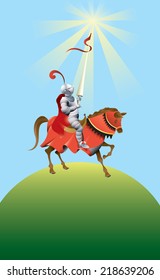 Vector drawing of a /medieval knight/ easy to edit layers and groups, no effects used, knight editable, move his arms and legs around, horse visible behind knight.