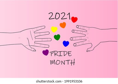 vector drawing men's hand with small rainbow hearts and text"2021 PRIDE MONTH"the symbol of community equality movement, concept for LGBTQ happy pride month in June.