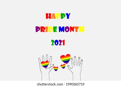 vector drawing men's hand support small rainbow hearts and text"PRIDE MONTH 2021"the symbol of community  equality movement, concept for LGBTQ happy pride month in June.