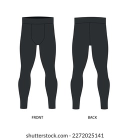Vector drawing of men's leggings front and back view. Vector template of men's sports pants made of stretch fabric. Technical drawing of compression leggings for men. Sketch of men's joggers, vector.