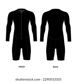 Vector drawing of a men's sports suit for triathlon, cycling, diving. Cycling jersey with front zip. Triathlon suit with long sleeves, front and back view. Male wetsuit template in black color, vector