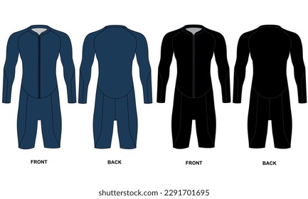 Vector drawing of a men's sports suit for triathlon, cycling, diving. Cycling jersey with front zip. Triathlon suit with long sleeves, front and back view. Male wetsuit template in black, blue colors,