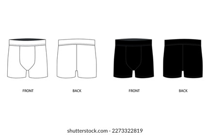 Dibujo vectorial de calzoncillos masculinos, vista frontal y trasera. Plantilla de calzoncillos para hombres, vector. Dibujo de baúles de natación masculinos en colores blanco y negro.