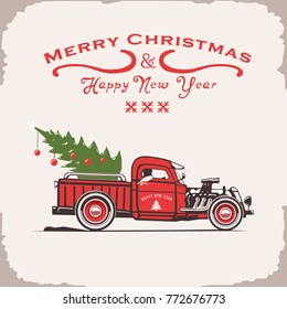 vector drawing of merry Christmas and happy new year truck, side view, retro poster, vintage sign style